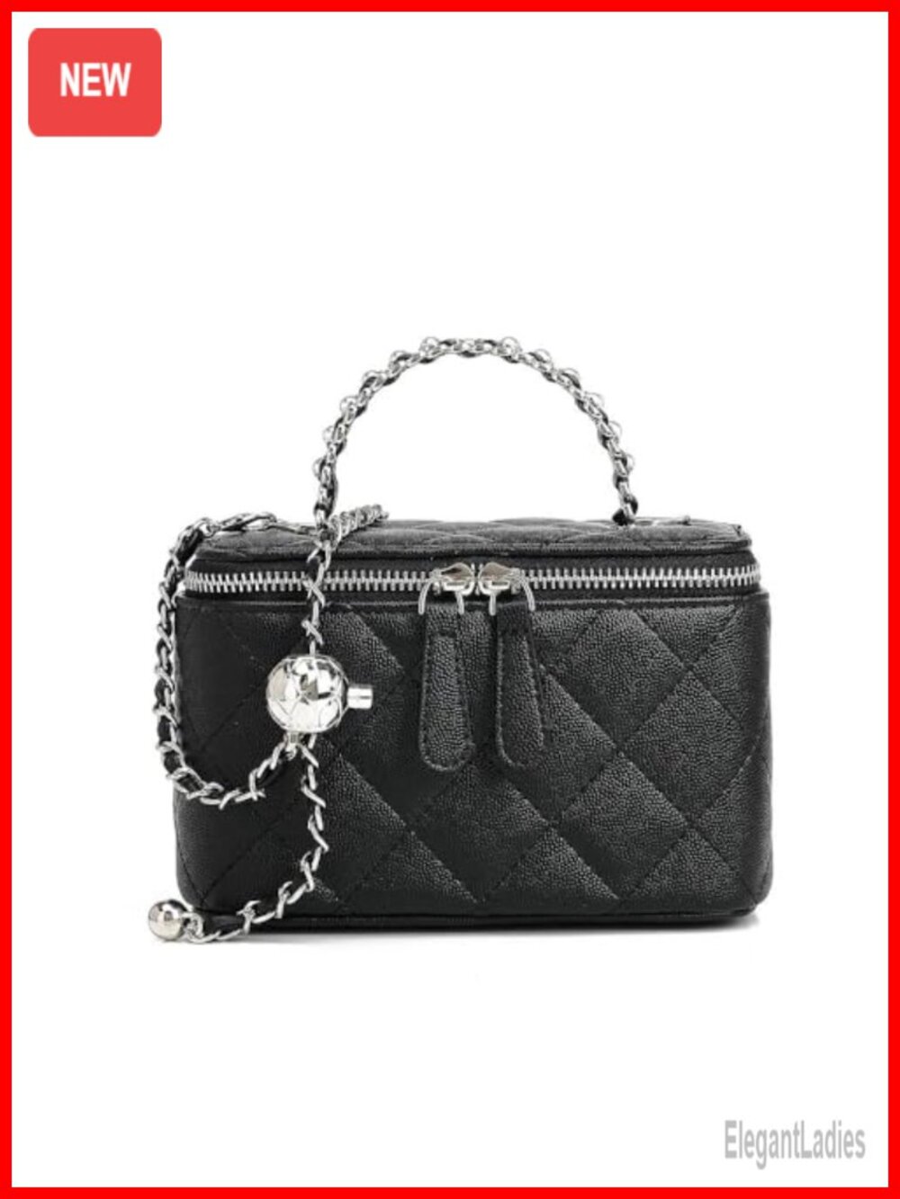 Quilted Faux Leather Mini Crossbody Vanity Bag with Pearl Chain